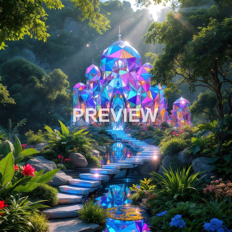 A fantastical, colorful glass palace with multiple domes set in a lush, green forest, illuminated by sunlight filtering through the trees.